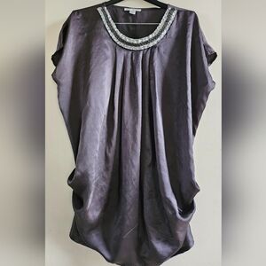 Charcoal Silk Blouse Intricate Beaded Collar. Sz M